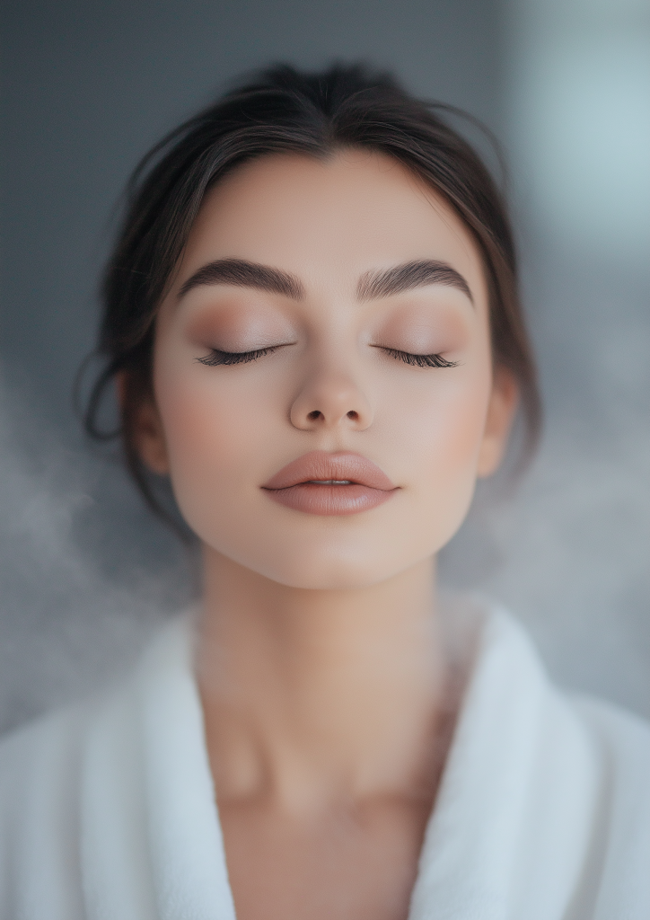 Woman in a white robe surrounded by a mist of air.